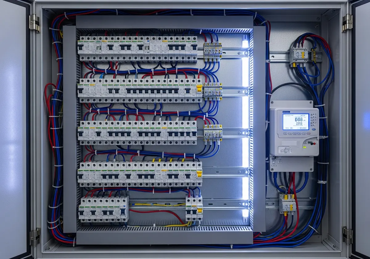 Armoire électrique triphasée ouverte avec protections et compteur, contexte bureau d'études