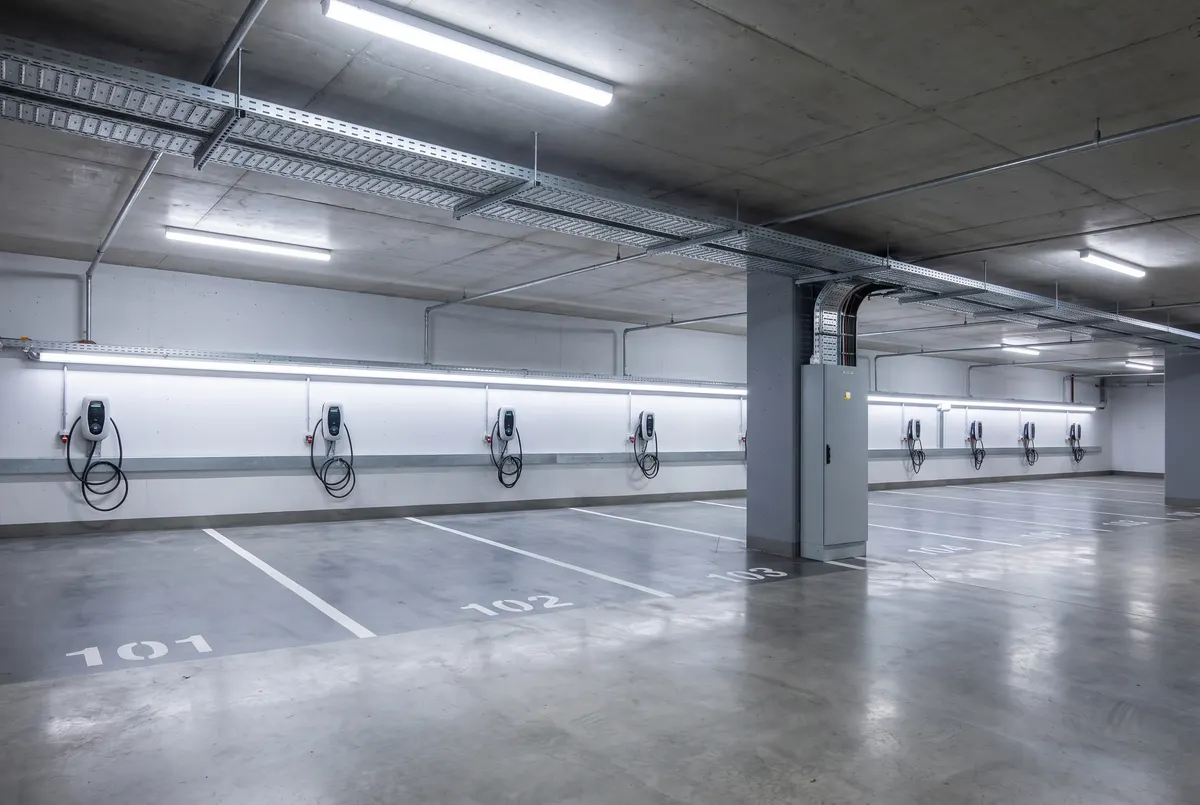 Bornes de recharge alignées dans le parking souterrain d'une copropriété